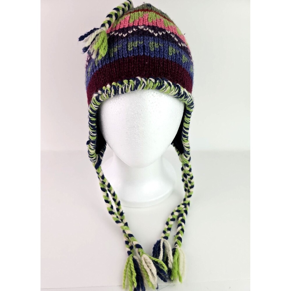 Hand Knit Alpaca Wool Chullo Earflap Hat Maroon Pattern Boho Winter Felt Liner
